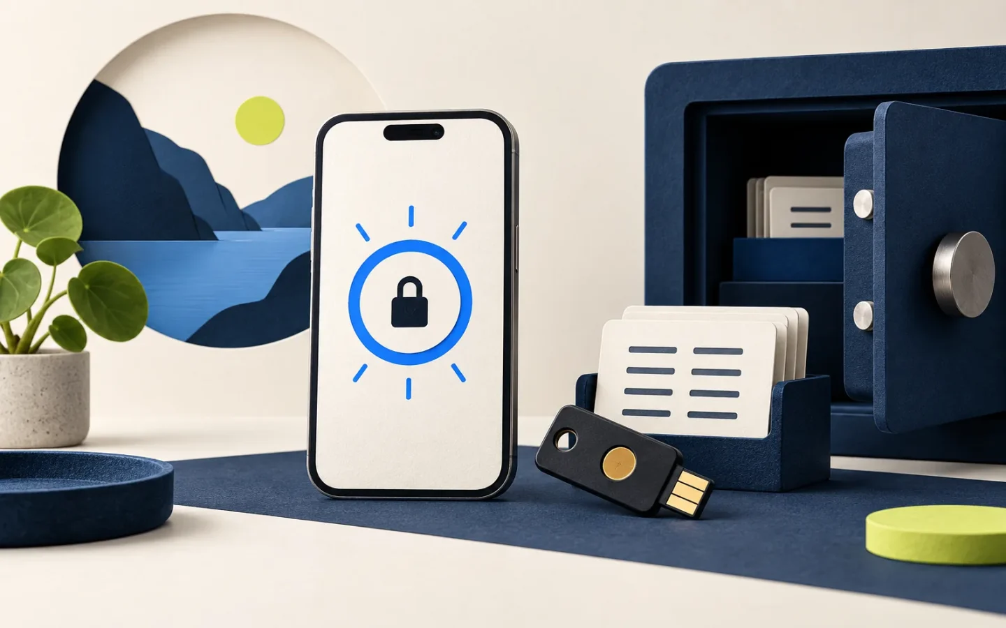 Téléphone générant un code de sécurité à côté de codes de secours rangés en lieu sûr