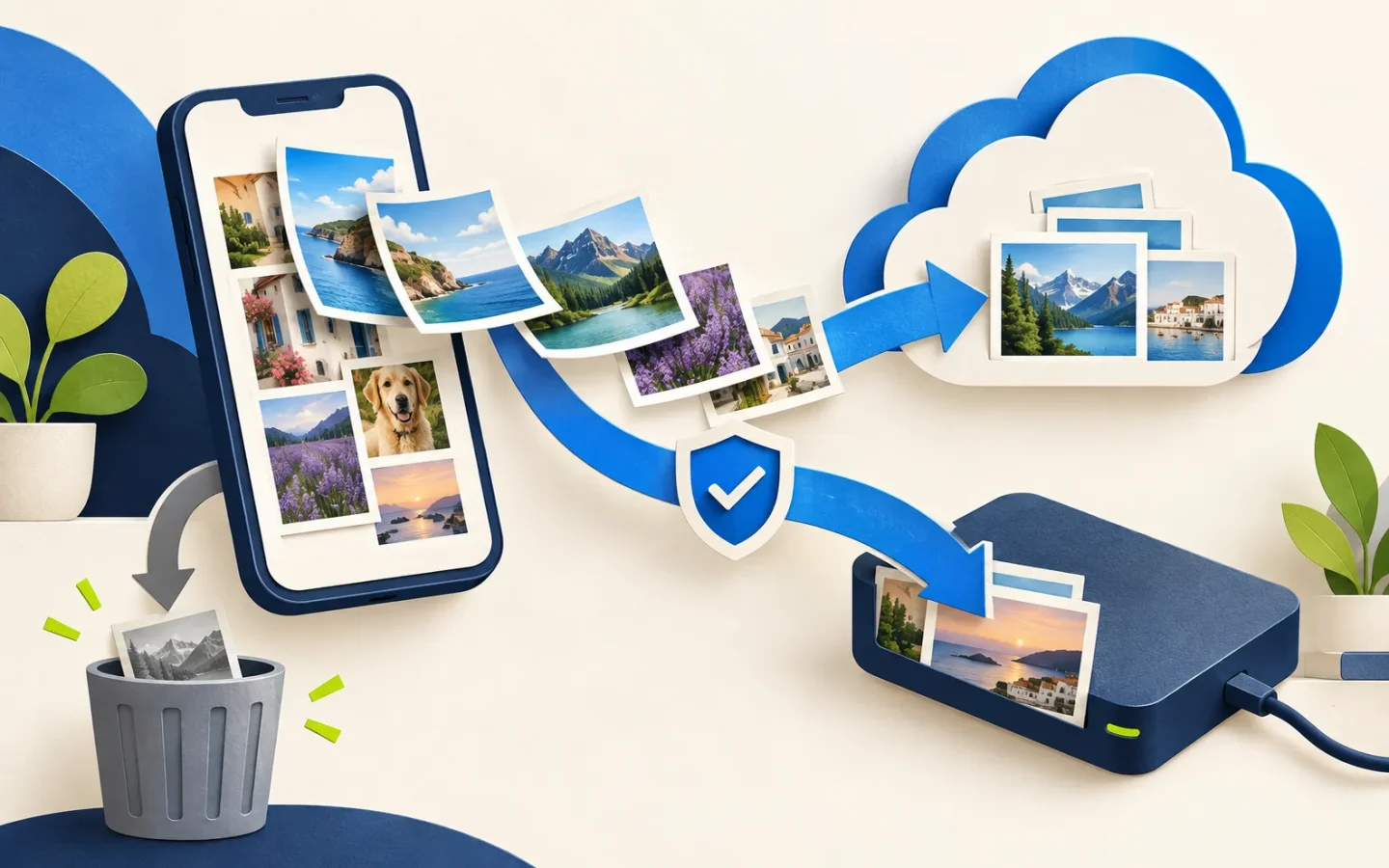 Photos quittant un smartphone vers un nuage et un disque de sauvegarde