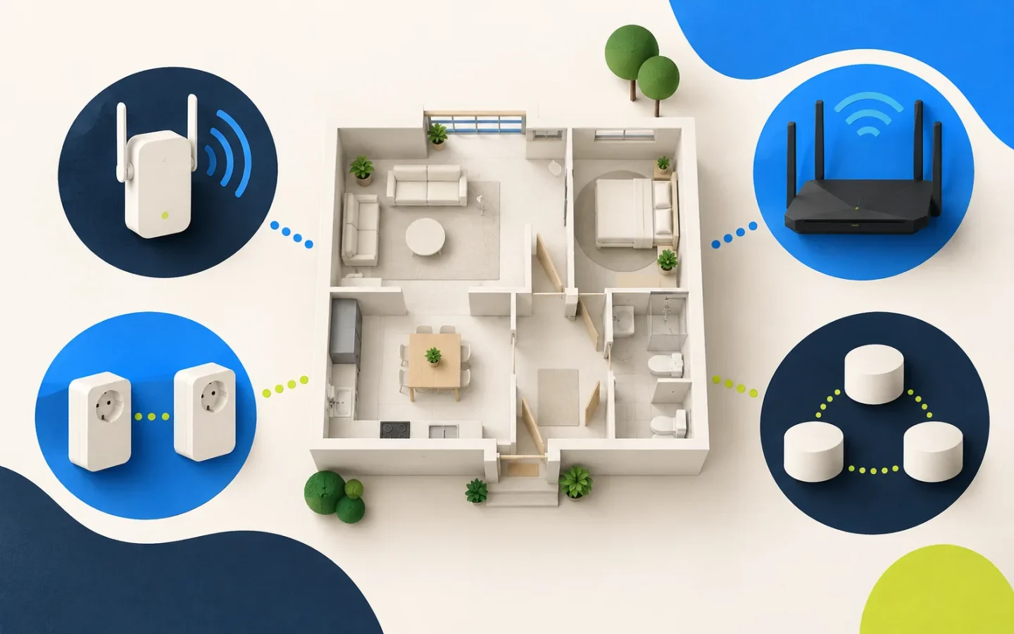 Quatre solutions réseau domestique représentées autour du plan d’une maison