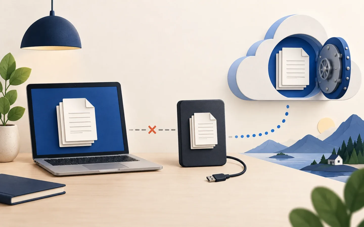 Trois copies de fichiers réparties entre ordinateur, disque externe et stockage distant
