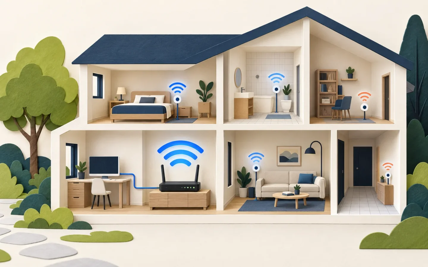 Maison en coupe avec box Wi-Fi, ordinateur en Ethernet et niveaux de signal par pièce